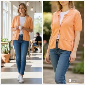 New Frontier Orange Knit Short Sleeved Button Sweater Vest Top